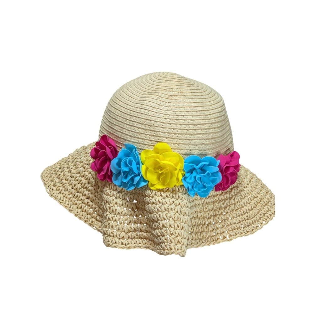 Kids Koala Kids Straw Sun Hat W/ Colorful Flower Trim Summer Beach Style Lightwe